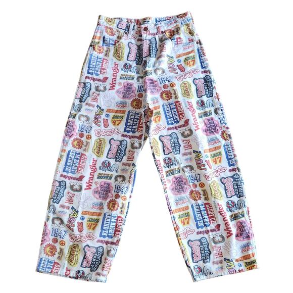 Wrangler Denim - Wrangler Free People Cowgirl Heaven Wide Barrel Leg Jeans Retro Pop Art sz 28x28